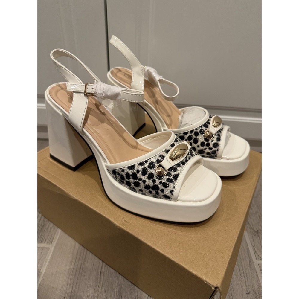 Off-White Leopard Print 7.5 Platform Slingback Heels Gold Accent Chunky Block